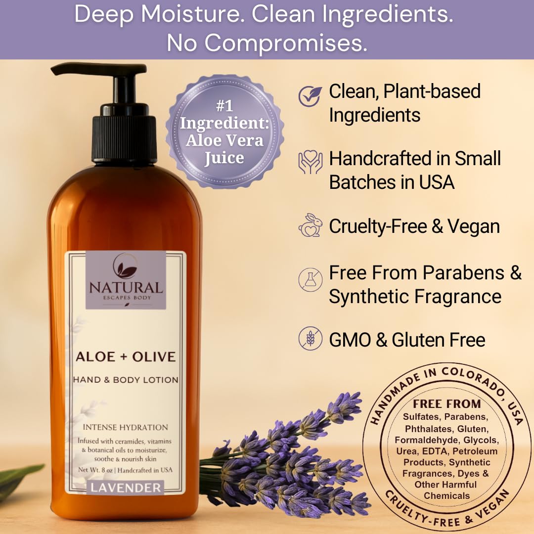 Natural Escapes Lavender Body Lotion for Dry Sensitive Skin, Eczema Relief Moisturizer with Aloe Vera, Olive Oil, Ceramides, Vitamin B5 and E, Hand and Body Cream for Women and Men, 8oz