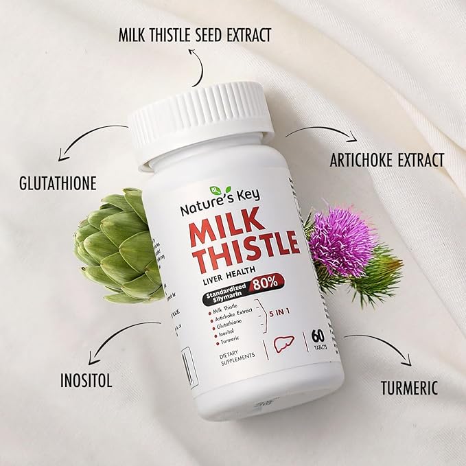 Nature's Key Milk Thistle 500mg Liver Supplement,30:1 Extra 80% Silymarin 5- in-1 in-1 Liver Turmeric-60 Tablets