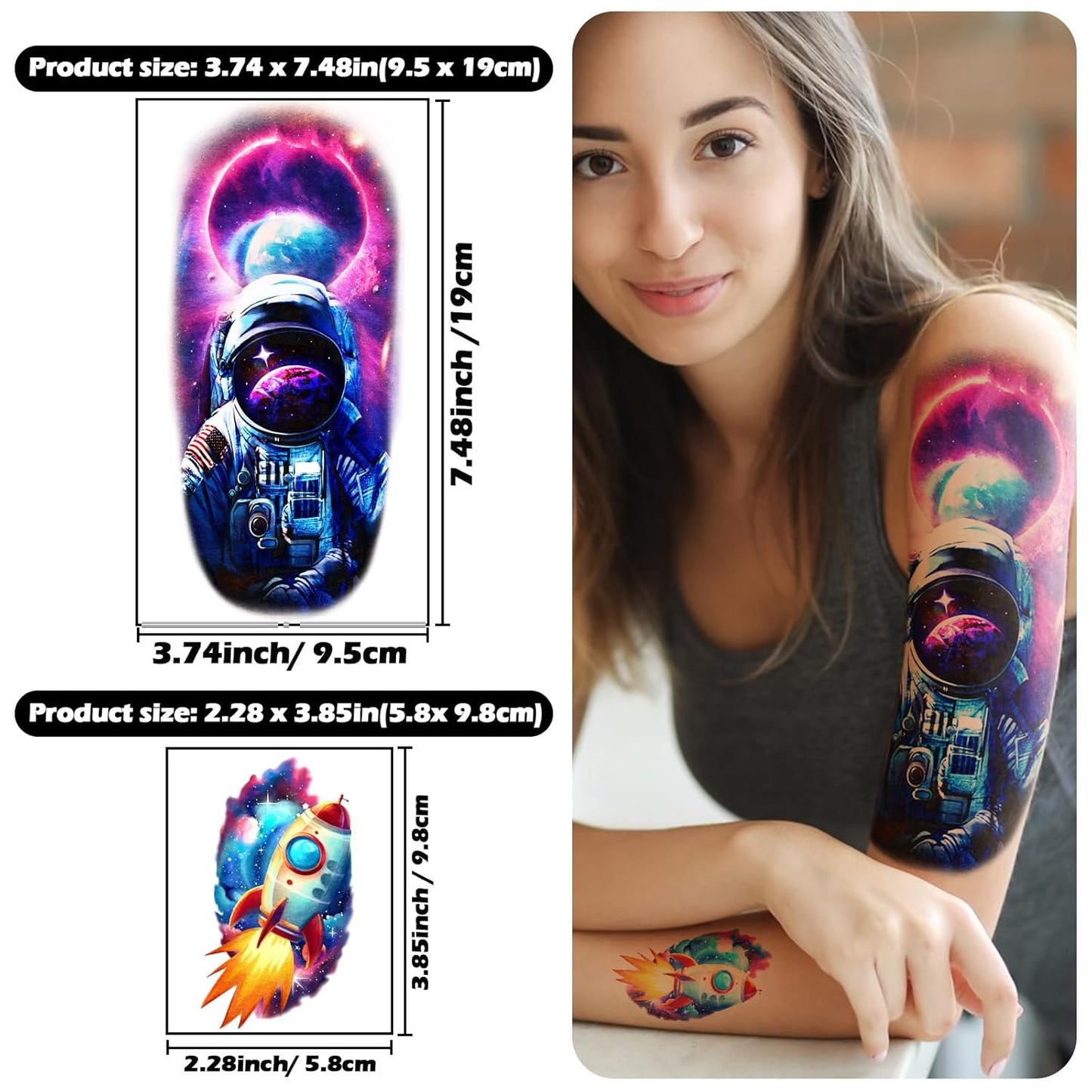 77 Sheets Temporary Tattoo, 17 Sheets Space Planet Astronaut Rockets Half Sleeve Fake Tattoos for Adults Men Women, 60 Sheets Small Tattoos Stickers Waterproof Lasting for Boys Girls Party Supplies