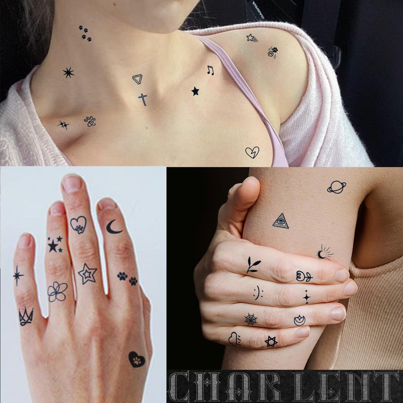 CHARLNET Tiny Small Semi-Permanent Tattoos for Adult - 2 Weeks Long Last Waterproof Realistic Mini Fake Tattoos for Women Men Finger Neck Body/Fades Naturally/No Reflection