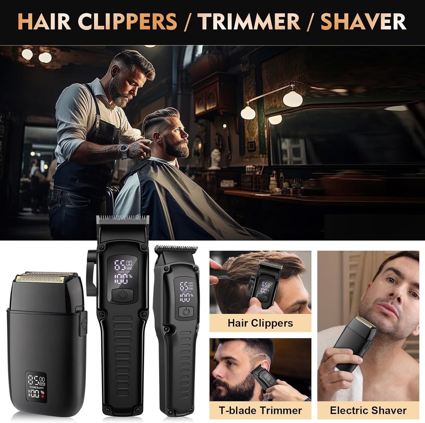 Professional Hair Clipper for Men, 3 in 1 Hair Clipper Beard Trimmer and Electric Foil Shaver Set with LED Display, Cordless Grooming Kit for Home, Travel, Barber, Ideal Gift for Him