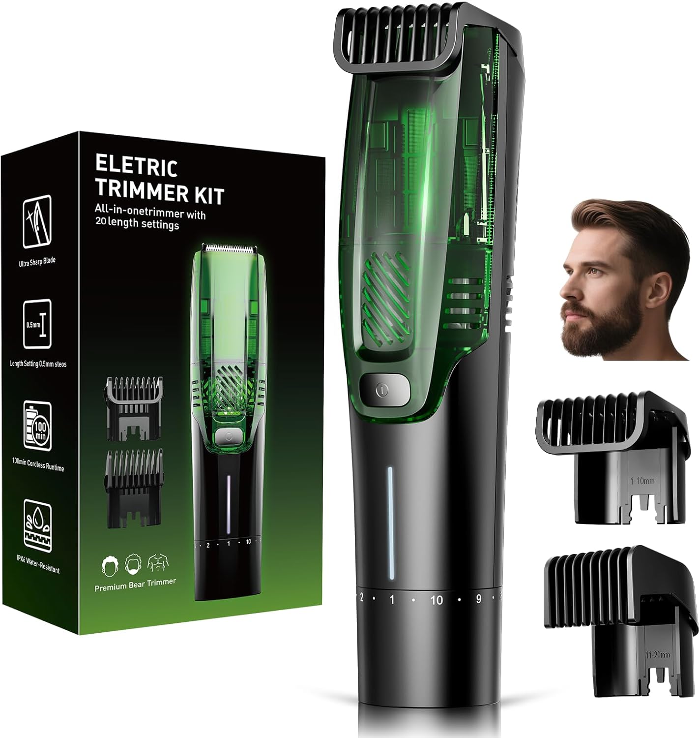 Beard Trimmer for Men, Men's Vacuum Electric Shaver Kit, 20 Levels Adjustable, Wet/Dry Shaver, Upgraded Stainless Steel Ceramic Blade Heads for Precision Facial Hair