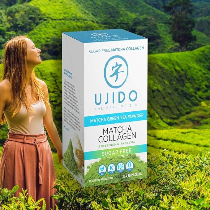 Ujido Matcha Collagen, 8g x 15 Packets – Sugar-Free Japanese Matcha Powder – Sweetened with Stevia