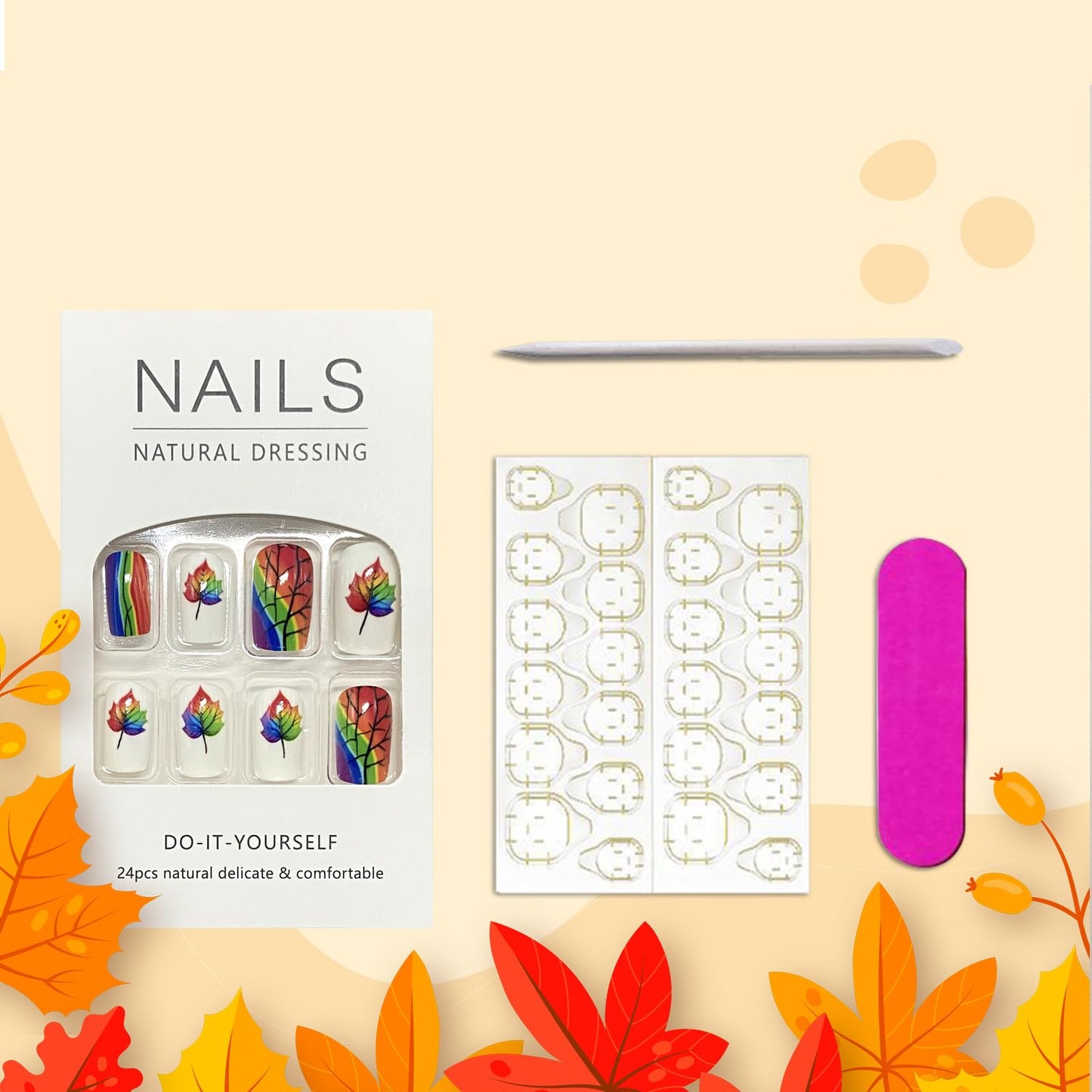 Rainbow Maple Leaf Press on Nails Fall Medium Square Fake Nails Glossy Thanksgiving Acrylic Glue on Nail Autumn Maple Leaves Artificial Stick on Nail for Women DIY Manicure