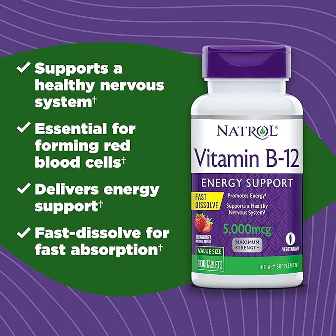Natrol Vitamin B12 Fast Dissolve Tablets, Promotes Energy, Supports a Healthy Nervous System, Maximum Strength, Strawberry Flavor, 5,000mcg, 100 Count (Pack of 2)