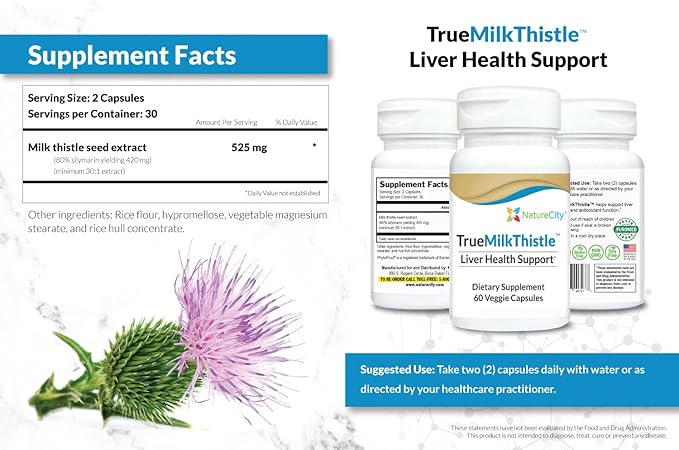 TrueMilkThistle | Milk Thistle Liver Supplement 525mg Milk (80% silymarin) 420mg of (60 Veggie