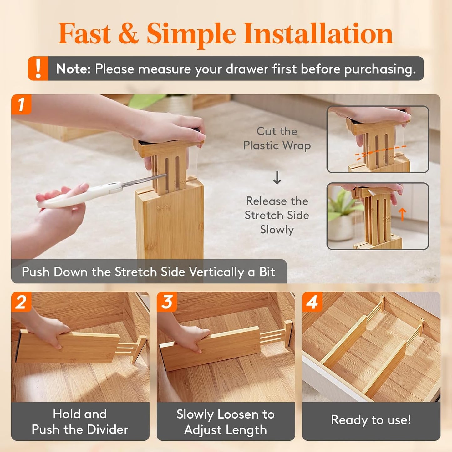 Lifewit 8 Pack 4" High Bamboo Drawer Dividers, 12-16" Adjustable Drawer Organizers for Clothes, Wood Dresser Drawer Divider, Expandable Deep Drawer Separators for Dresser, Kitchen, Bedroom, Bathroom