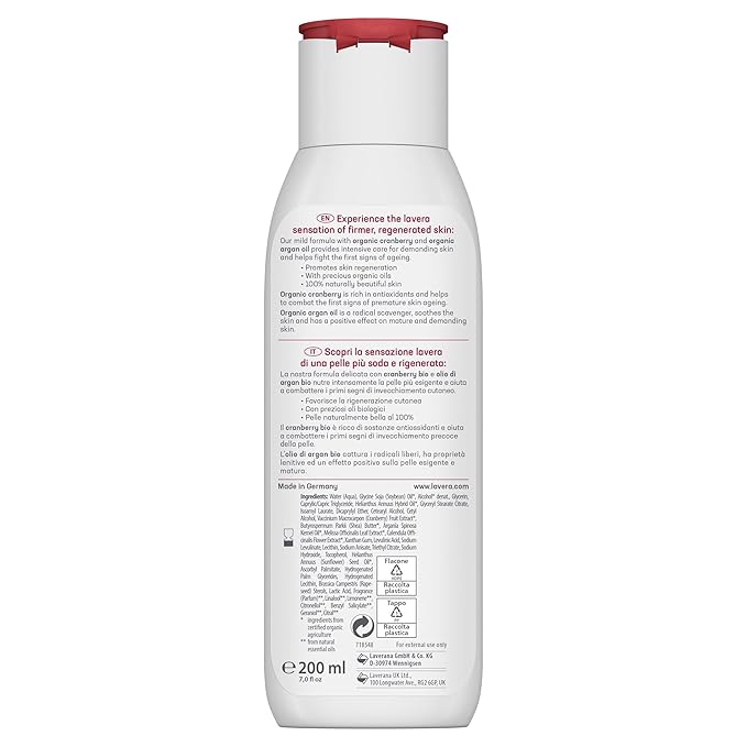 lavera Body Milk Regenerating - Body lotion with organic cranberry & organic argan oil - Firming care for mature skin - PETA certified - Biodegradable - vegan - natural cosmetics - 6,76 fl.oz.