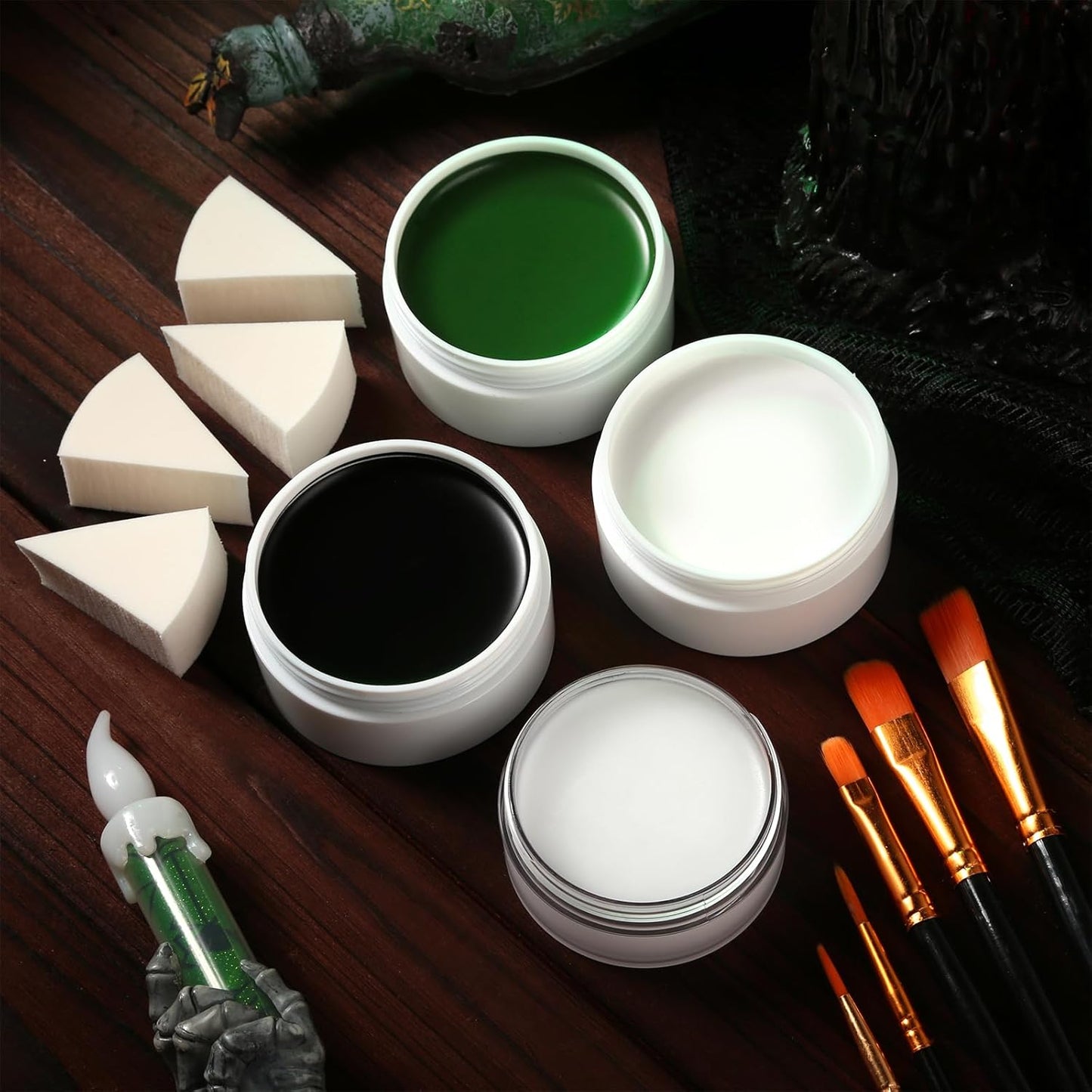 Black White Green Face Paint Kit – 3×50g Oil-Based Grease Makeup with Remover Balm, Brushes & Sponges – Waterproof, Sweat-Proof, Full Coverage Halloween, Cosplay & Stage SFX Makeup