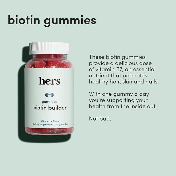 Hers Biotin Builder Gummy Vitamins with Vitamins B12 and B6, Vitamin D, Gluten Free, No Artificial Sweeteners or Flavors, Wild Cherry Flavor, 30 Count