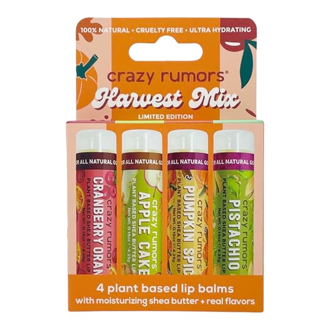 Crazy Rumors Harvest Lip Balm 4-Pack Mix (Cranberry Orange, Apple Cake, Pumpkin Spice, Pistachio)