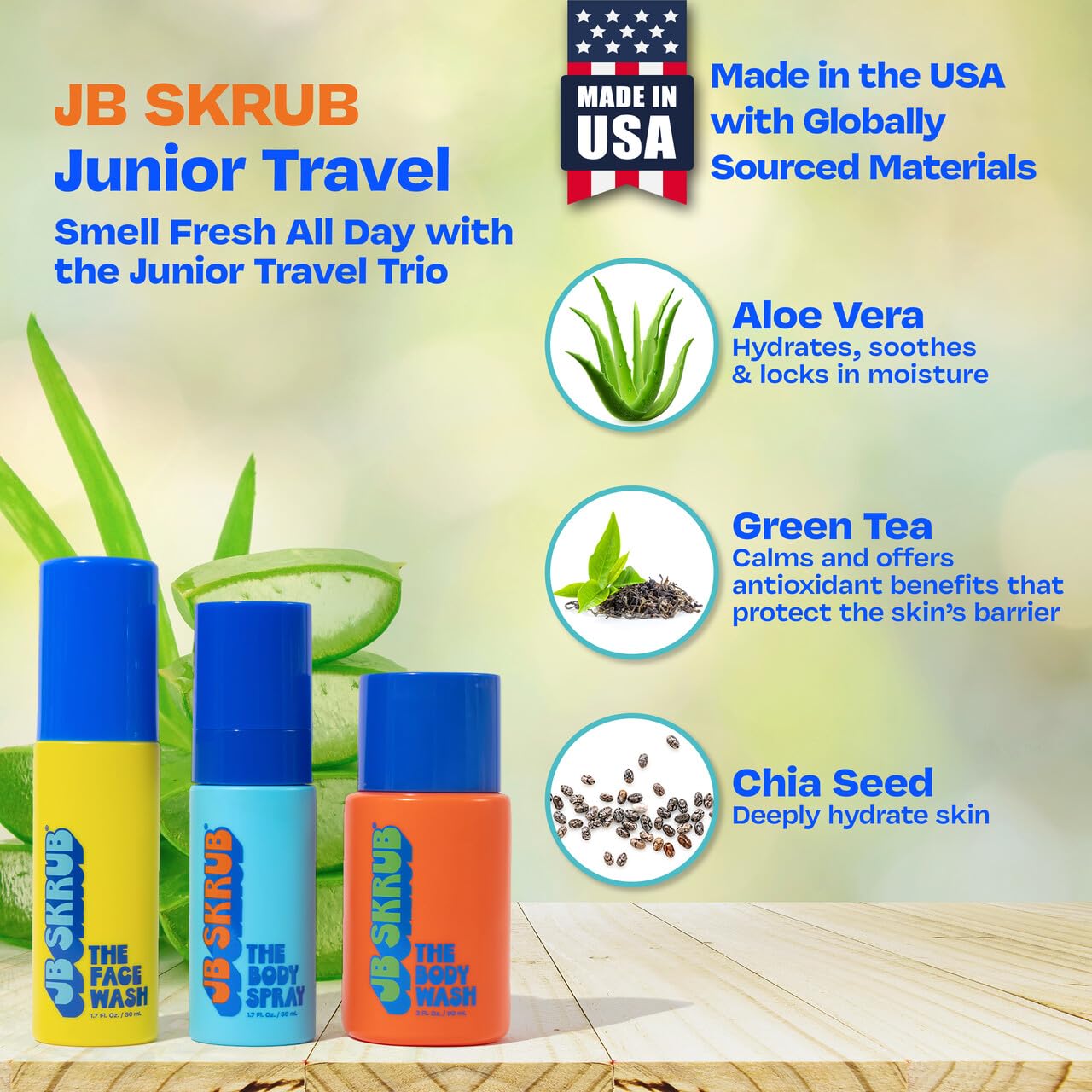 JB SKRUB The Junior Travel Trio - Complete Skin Care Set for Kids, Tweens & Teens: Hydrating Body Wash, Refreshing Body Spray, & Gentle Face Wash