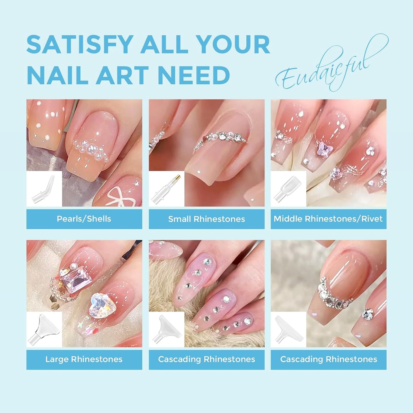 Rhinestone Picker Tool Kit: 2Pcs Rhinestone Picker Handle, Dual-Ended Rhinestones Applicator Dotting Tools Pen with 12 Upgraded Plastic Replacement Tips, Clay for DIY Nail Art Craft (Blue)