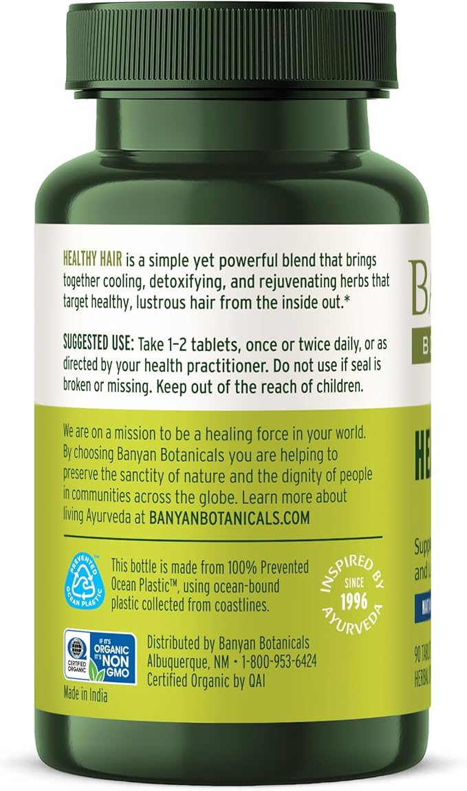 Banyan Botanicals Healthy Hair Tablets – Organic Hair Supplement with Amla & Bhringaraj – Ayurvedic Hair Care for Healthy, Thick & Lustrous Hair* – 90 Tablets – Non GMO Sustainably Sourced Vegan