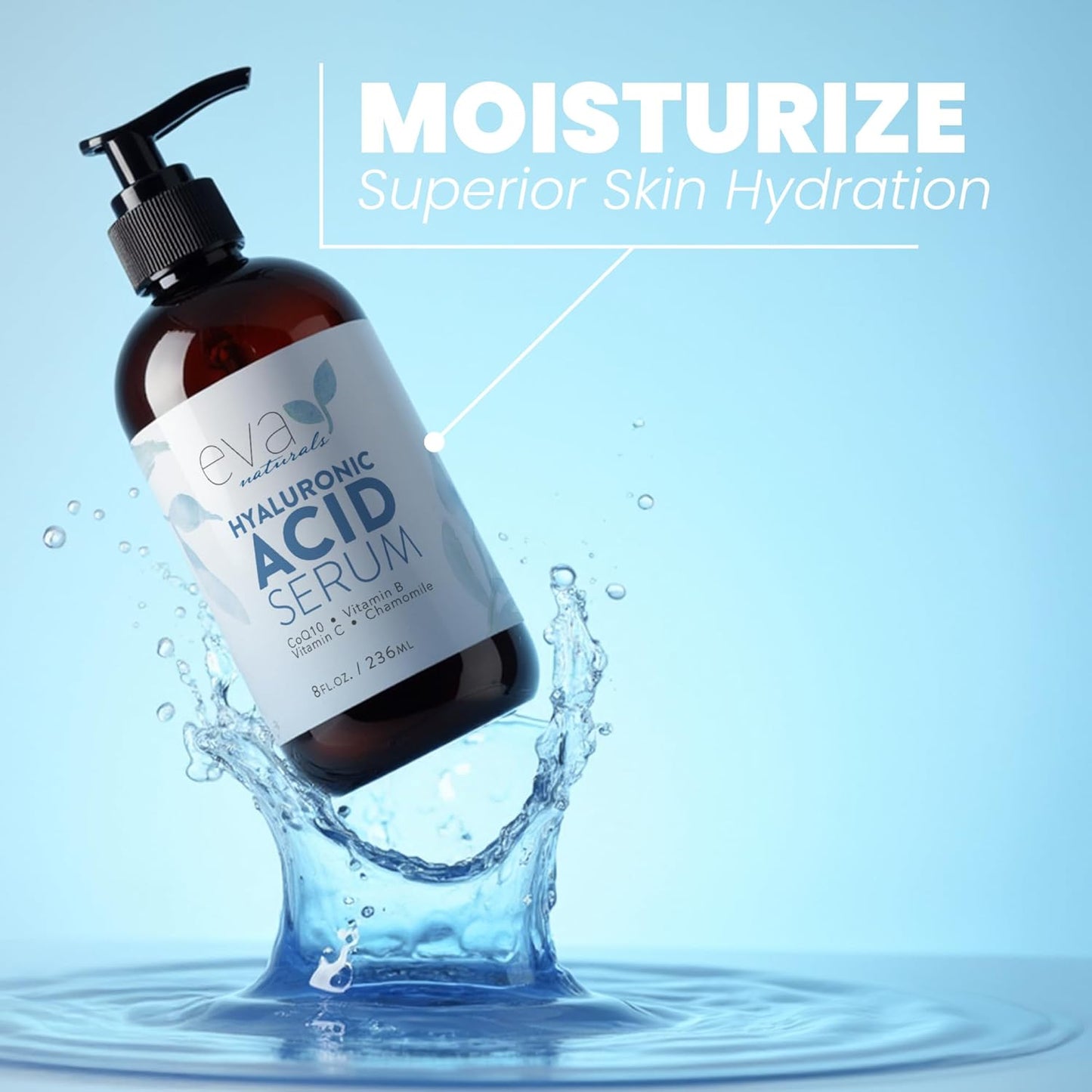 Eva Naturals Anti-Aging Hyaluronic Acid Serum For Face - Professional & Potent Hydrating Anti-Wrinkle Formula For Fine Line & Uneven Skin Tone - Contains Vitamin C, B, & E, Paraben Free (8 Oz)