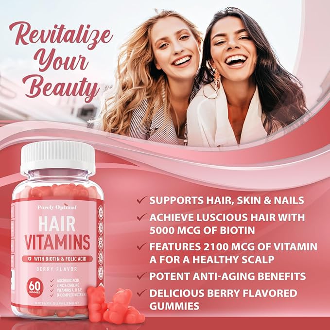 Purely Optimal Premium Hair Vitamins Supplement-Gummy Vitamins w/Biotin, Folic Acid, Vitamins A&D-Supports Faster Hair Growth & Promotes Healthy Hair, Skin, & Nails-60 Non-GMO Berry Flavored Gummies