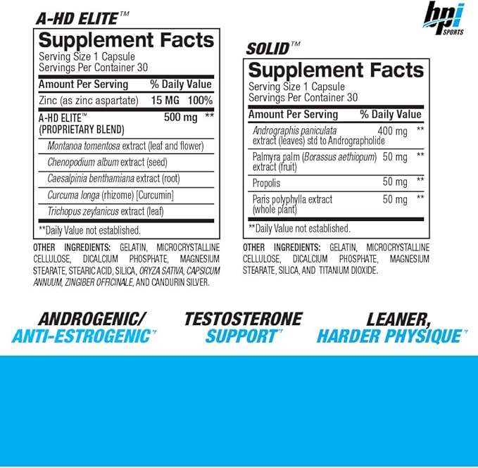 BPI Sports A-HD Elite/Solid (30 Capsules) – Men’s Testosterone Booster – Healthy Muscle, Strength, & Performance Support – Promotes Natural Fat Loss & Libido – 30 Servings – 550mg