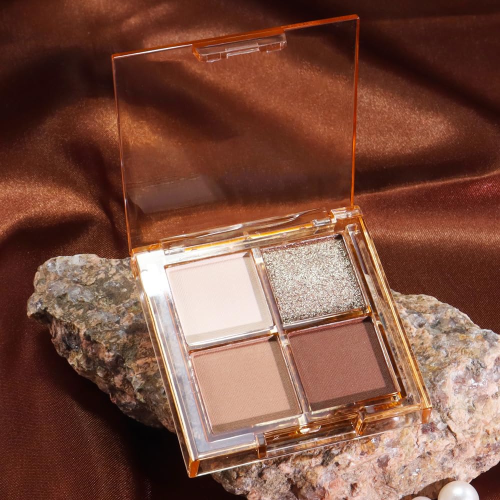 Eyeshadow Quads Blendable Glitter Matte Eyeshadow Palette,Black Gold Nude Brown Coffee Shinmmer Sparkly Four Eyeshadow Palette Makeup,Everyday Nature Long-Lasting Waterproof Women Girls Eyeshadow 4#