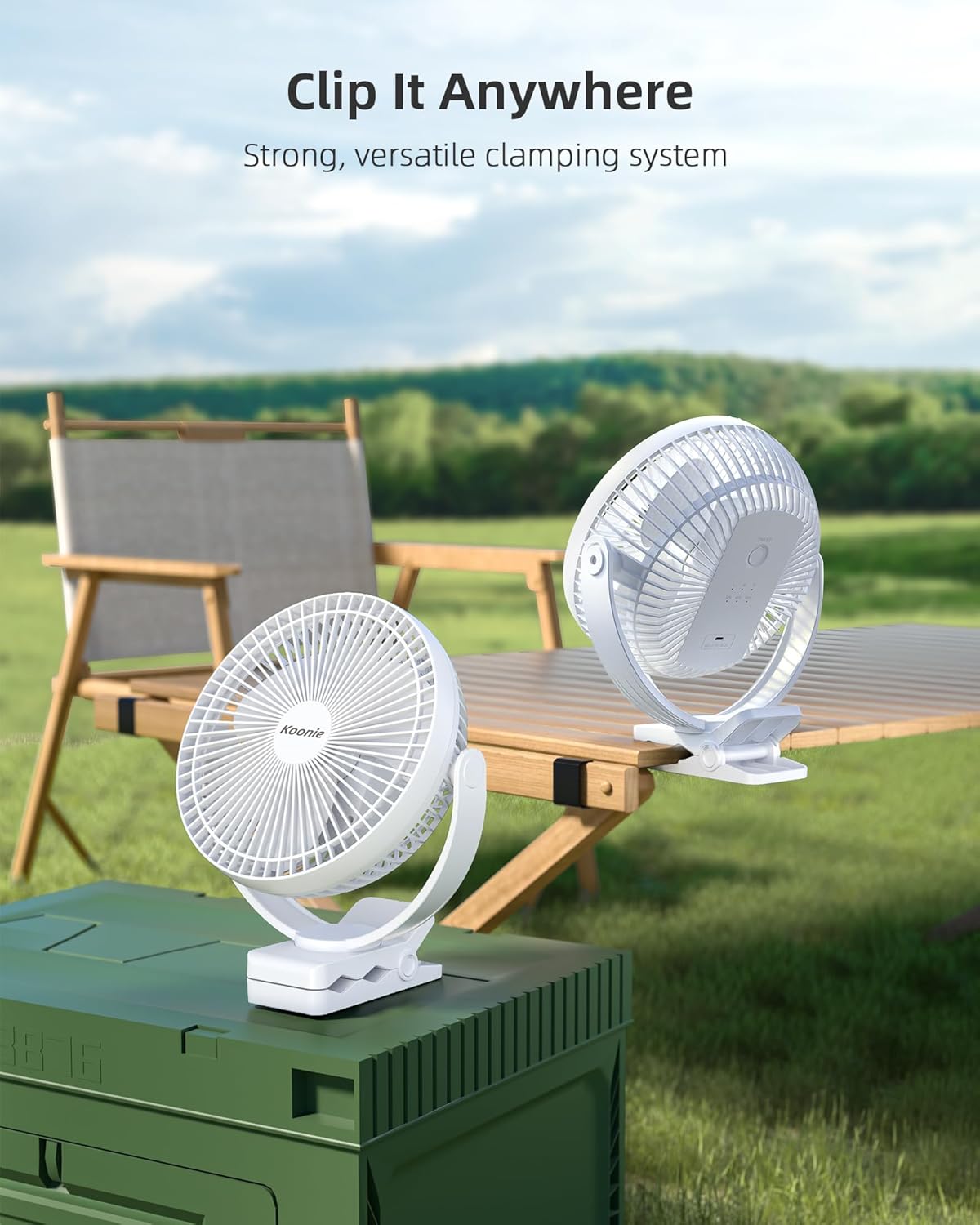 Koonie Portable Clip on Fan, 8-Inch 10000mAh USB Rechargeable Battery Operated, 4 Speeds, Strong Airflow, Sturdy Clamp for Office Desk Golf Car Outdoor Travel Camping Tent Gym Treadmill