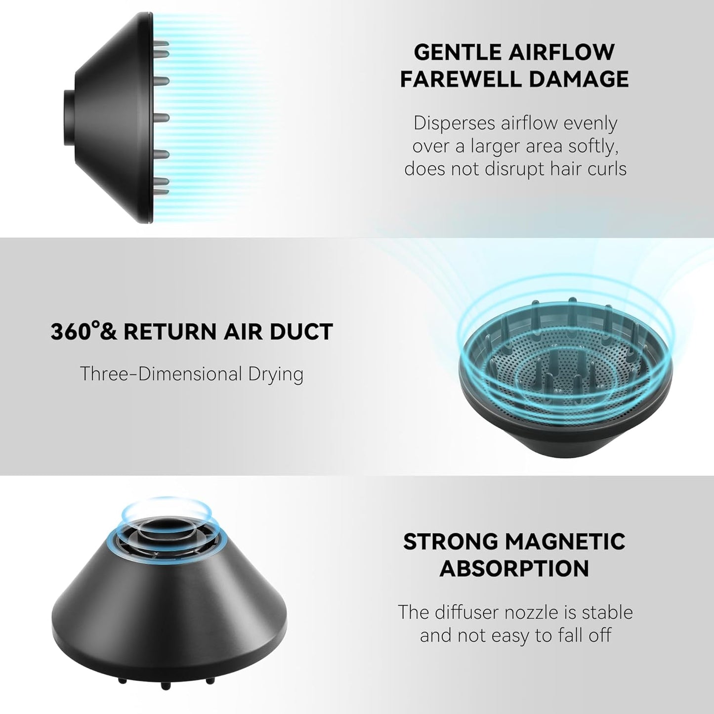 Blow Dryer with 200 Million Negative Ions, Professional High-Speed Hair Dryer for Women and Men Fast Drying Low Noise Travel Hairdryer (Black, with Concentrator Nozzle and Diffuser Nozzle)