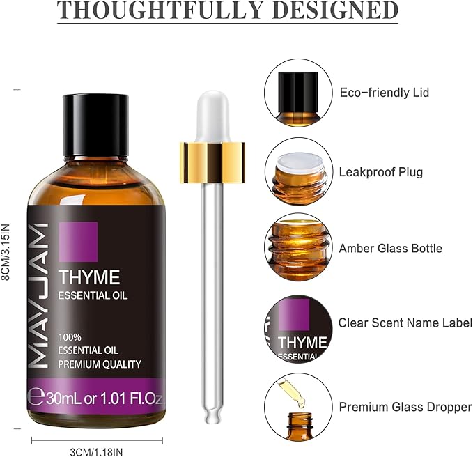Thyme Essential Oil 30ML, Pure Essential Oils for Massage, Diffusers, Thyme Oil for Soap Candle Making (1.01FL.OZ Bottle)