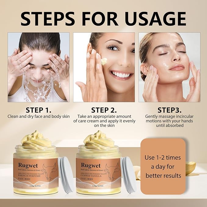 Orangic Beef Tallow for Skin and Face Care, Whipped Moisturizer for Sensitive Skin, 100% Grass Fed Beef Tallow, Natural Body Lotion, French Perfume - 8.46 fl.oz, 2 Pack