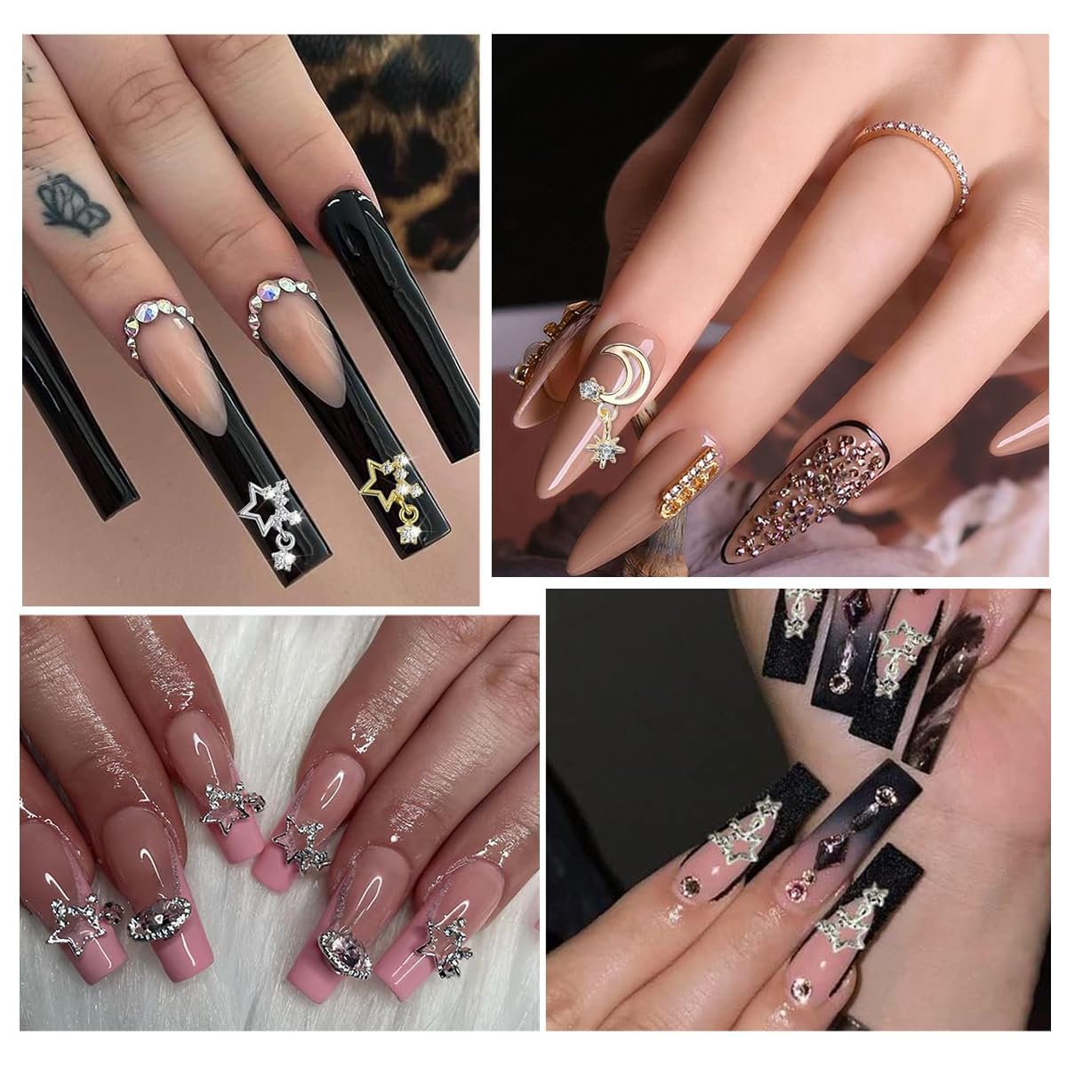 120+ Pcs Star Nail Charms Inlaid Rhinestones Gems, Silver Star Planet Cross Nail Art Decorations Shiny Jewelry for Acrylic Nail Accessories for Women Girl Manicure DlY Crafts Supplies