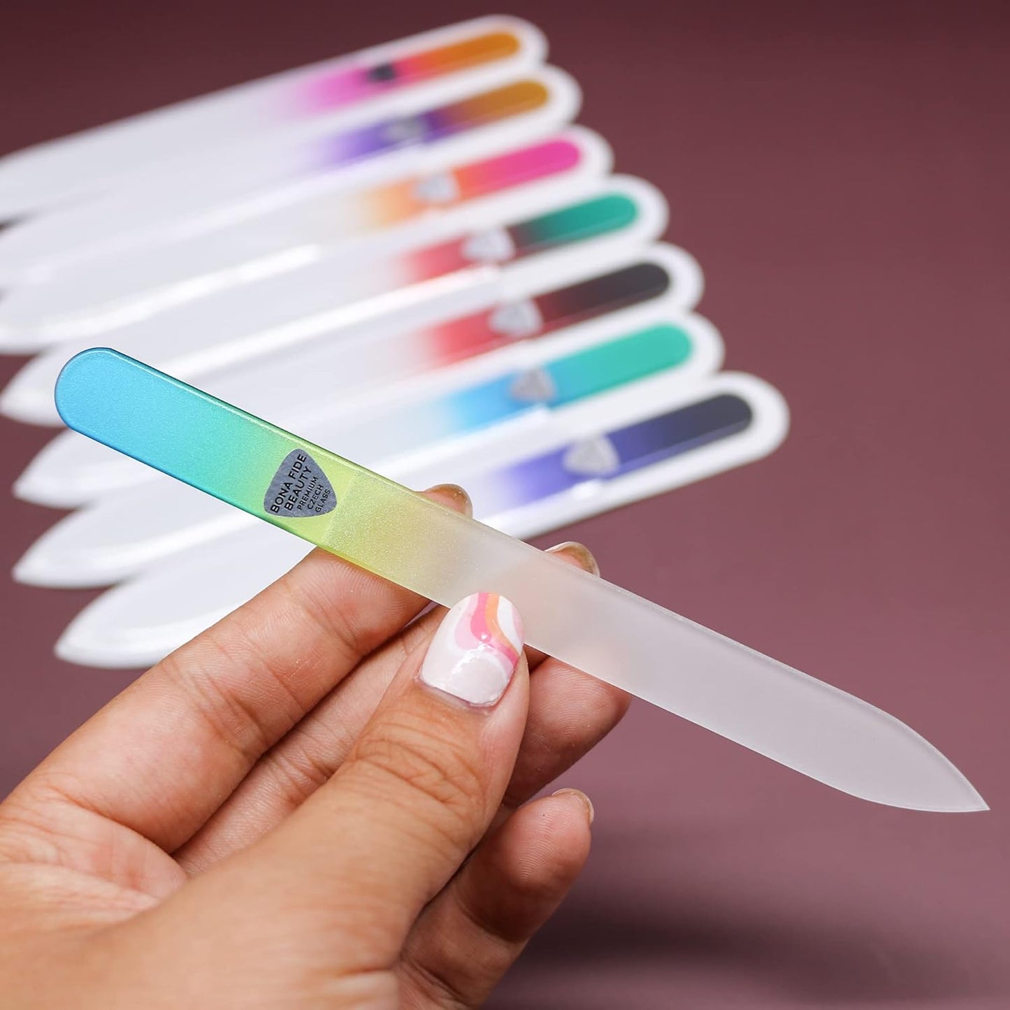 Bona Fide Beauty 8 Piece Glass Nail File Set - Crystal Files for Natural Nails with Sleeves (Multicolor)