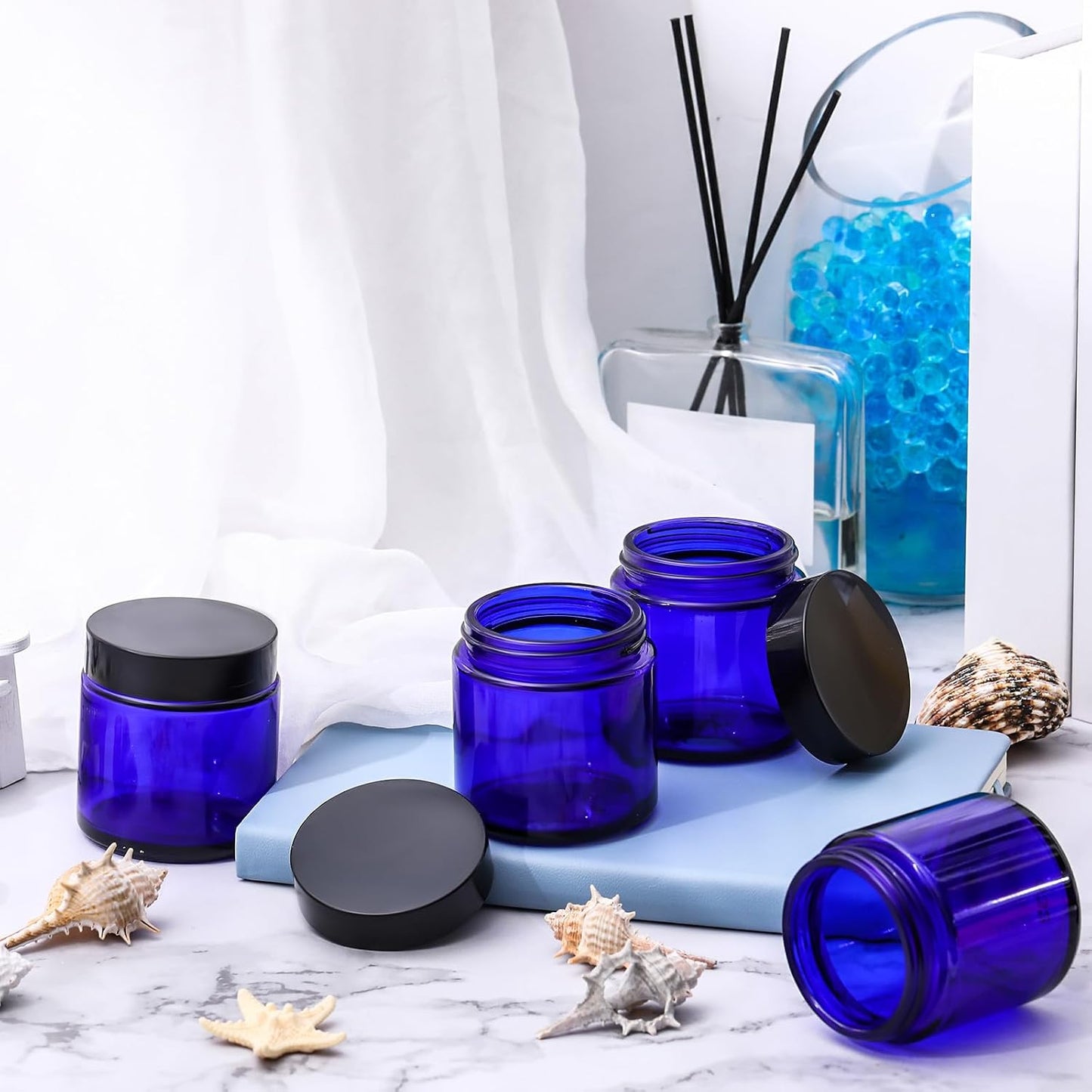 Norme 64 Pcs 4 oz Glass Jars with Lids Leakproof Round Airtight Empty Cosmetic Jars with Inner Liners Lid for Storing Lotions Powder Ointments Candle Making Tins (Blue,Black)