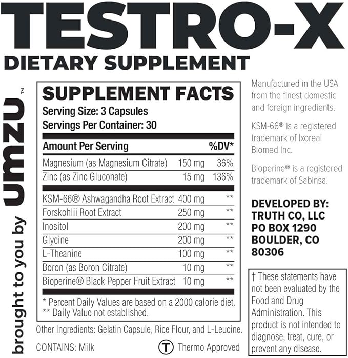 UMZU Testro-X Testosterone Supplement for Men | Support Energy, Strength, Stamina & Healthy T Levels (30 Day Supply | 90 Capsules)