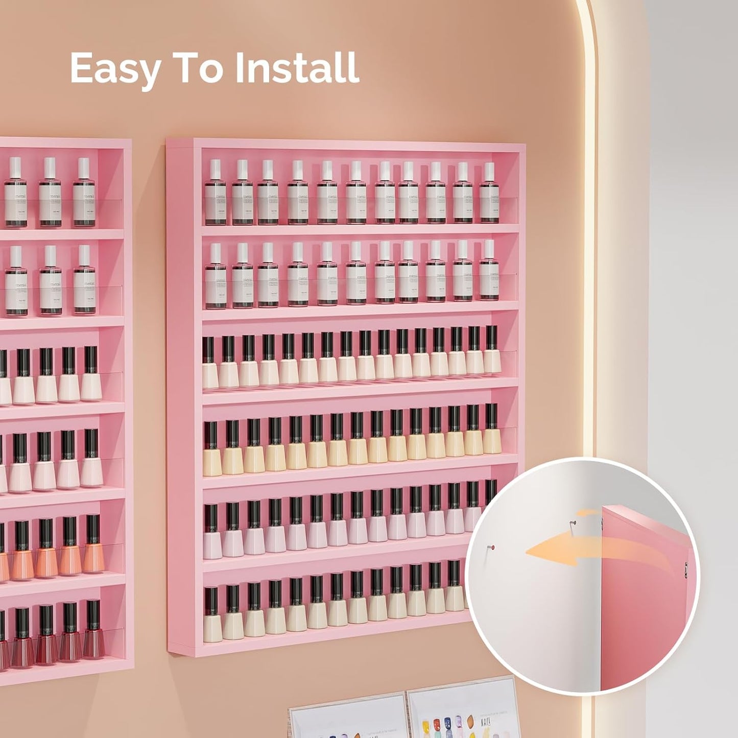 OmySalon 6 Layers Nail Polish Rack, Wall Mount Nail Polish Organizer w/Acrylic Baffle, Salon Display Rack for Home Spa & Nail Studio, Pink, 6-Tier Fully Assembled