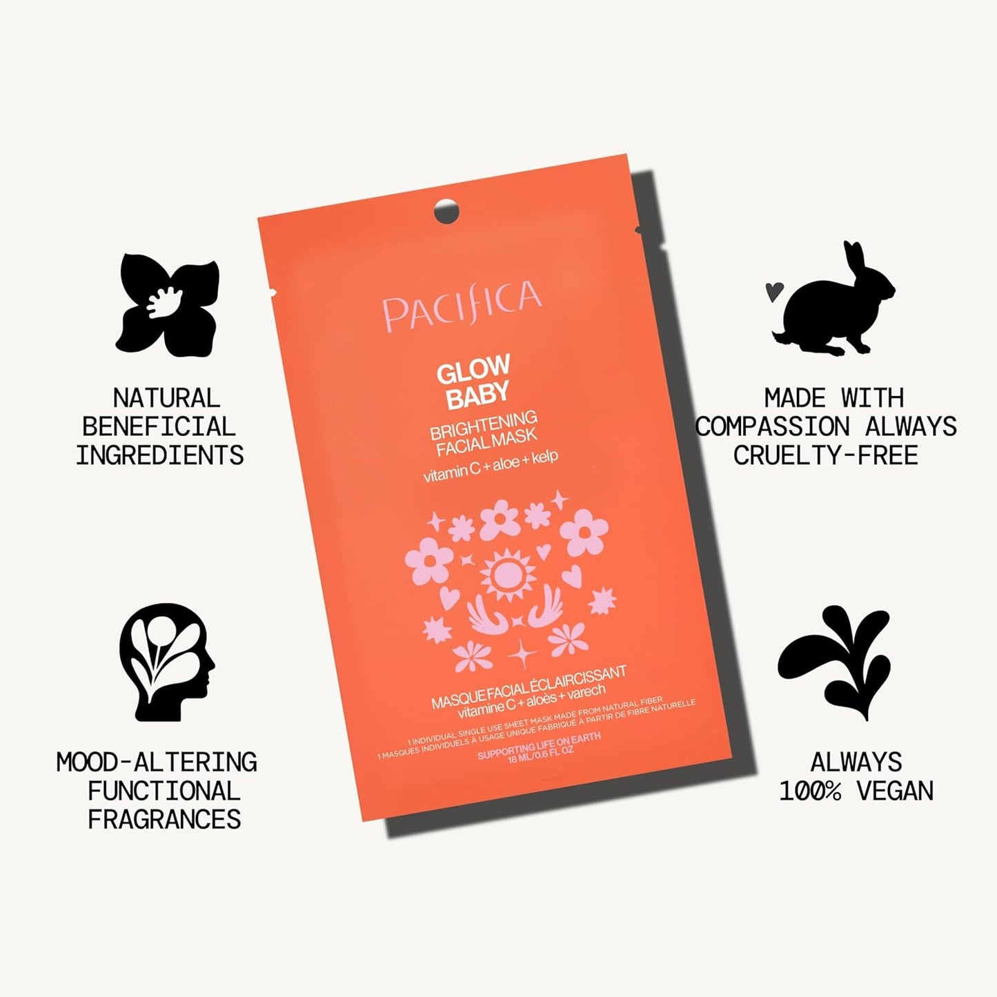 Pacifica Sheet Face Mask - 12 Pack - Glow Baby Brightening Facial Mask w/Vitamin C, Aloe & Kelp – Cooling Mask for Dark Spots & Fine Lines - Clean Beauty Vegan & Cruelty-Free Dermatologist Tested