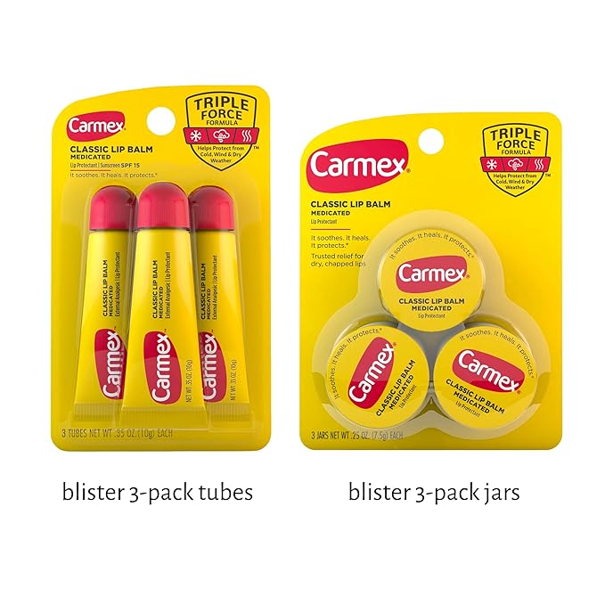 Set of 6 Medicated Lip Balms. Carmex Lip Balm Moisturizer: 3 Jars and 3 Tubes. Trusted Relief for Dry, Chapped Lips. Bundled with Silicone Lip Brush and Lip Balm Holder Keychain (Pink)