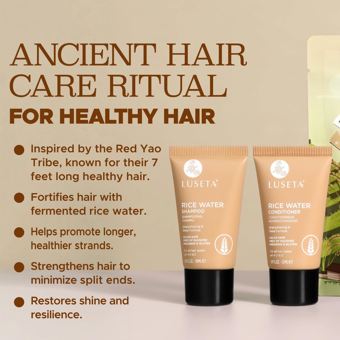 Luseta Rice Water Shampoo and conditioner Set Strengthening & Nourishing Revitalizes Shine for All Hair Types Hydrating & Frizz Control for Women and Men 1.01oz*2