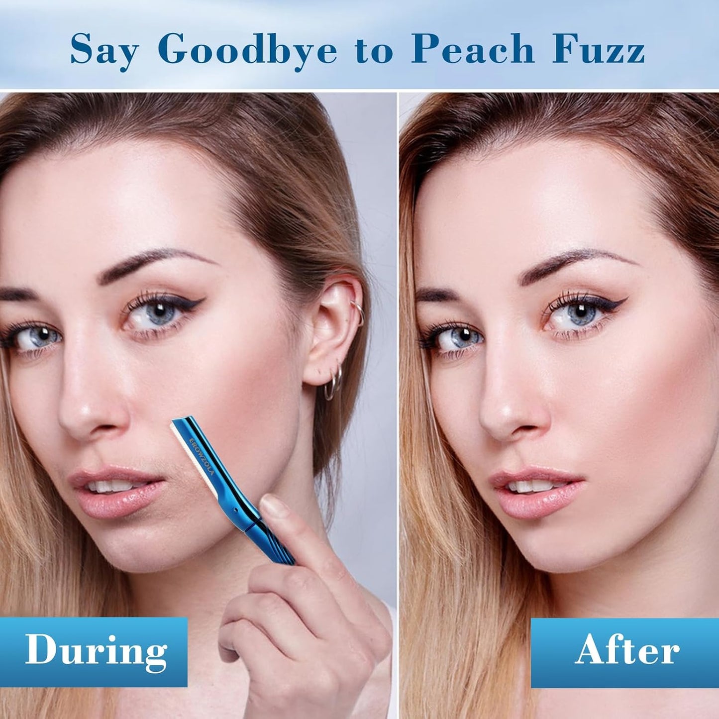 Eyebrow Razor, Face Razors for Women and Men, Reusable Metal Handle with 6 Refill Blades, Eyebrow Trimmer with Precision Cover, Dermaplane Razor, Skin Care Tool - Blue