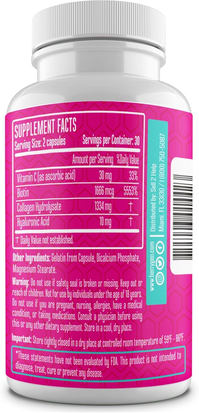 Collagen Peptides Supplement with Vitamin C, Biotin, and Hyaluronic Acid - 60 Capsules - Natural Formula - Supports Joints, Hair, Skin, and Nails - Made in The USA