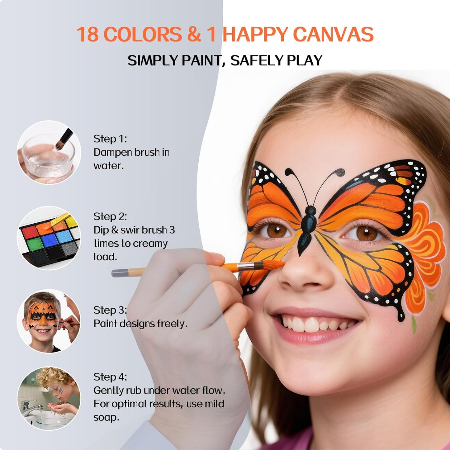 Face Paint Body Paint Kit for Kids Adults-Washable 18 Colors Face Painting Kit with 10 Brushes, Non-Toxic, Skin Safe, Water-Activated for Halloween Makeup Cosplay Costume Party