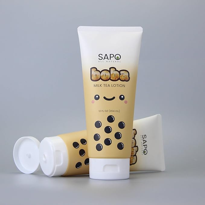 Boba Lotion with Aloe & Vitamin E - Gentle, Hydrating & Moisturizing For Hands, Body, Face & Kids - Caramel Milk Tea Scent, 12 Fl Oz