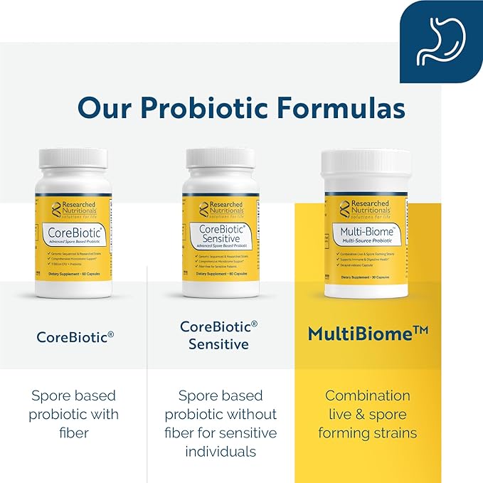 Researched Nutritionals Probiotics for Digestive Health - Multi-Biome - Spore Based Probiotics & Live Probiotics for Gut Health & Immune Support + Healthy Histamine & Cytokine Activity (30 Capsules)