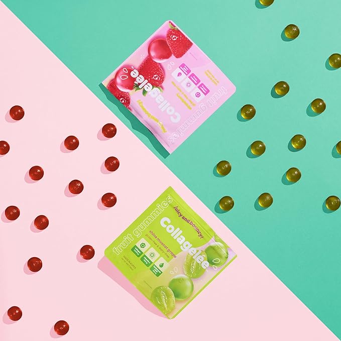 Collagelee Collagen Infused Gummies - Marine Collagen Supplements with Vitamin C, Hyaluronic Acid, & Biotin - Korean Collagen Supplements (2 Shine Muscat Grape & 2 Strawberry)