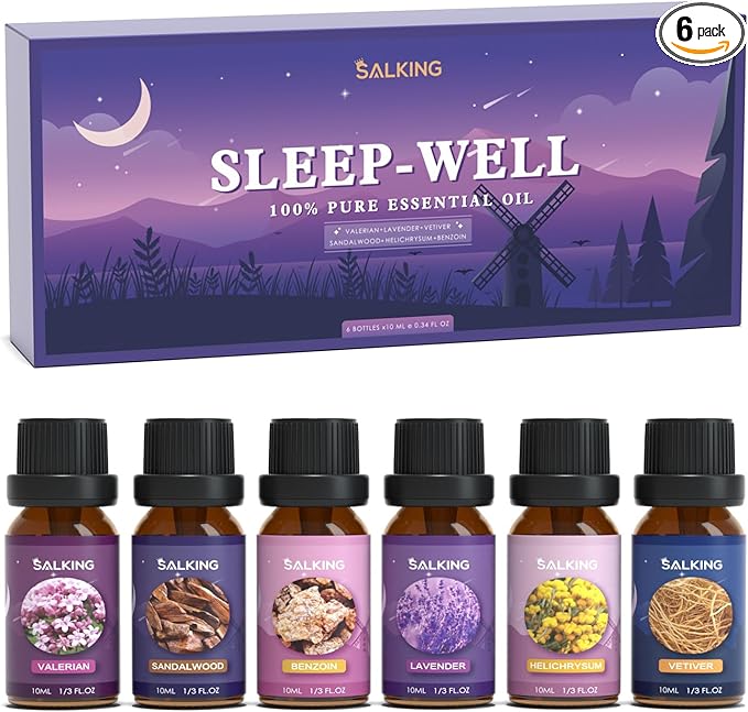 SALKING Sleep Essential Oils Set, Pure and Natural Essential Oils, Fragrance Oil Scented Oils for Oil Diffusers 6 x 10 ML - Lavender, Vetiver, Sandalwood, Valerian, Helichrysum, Benzoin…