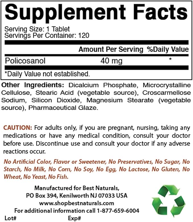 Best Naturals Policosanol 40mg 120 Tablets - Promotes Healthy Cardiovascular Function*