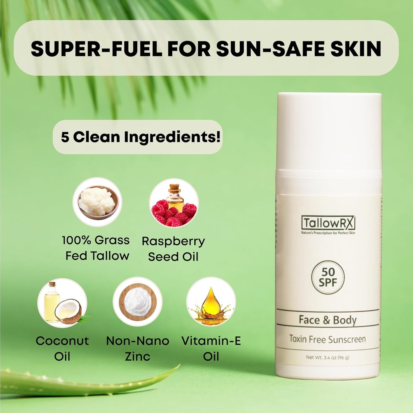 Tallow Sunscreen SPF 50 with Non Nano Zinc Oxide – Natural Mineral Sun Protection with Red Raspberry, Coconut Oil & Vit E – Reef Safe, Non Toxic & Moisturizing Sunblock for Face & Body – 3.4 oz
