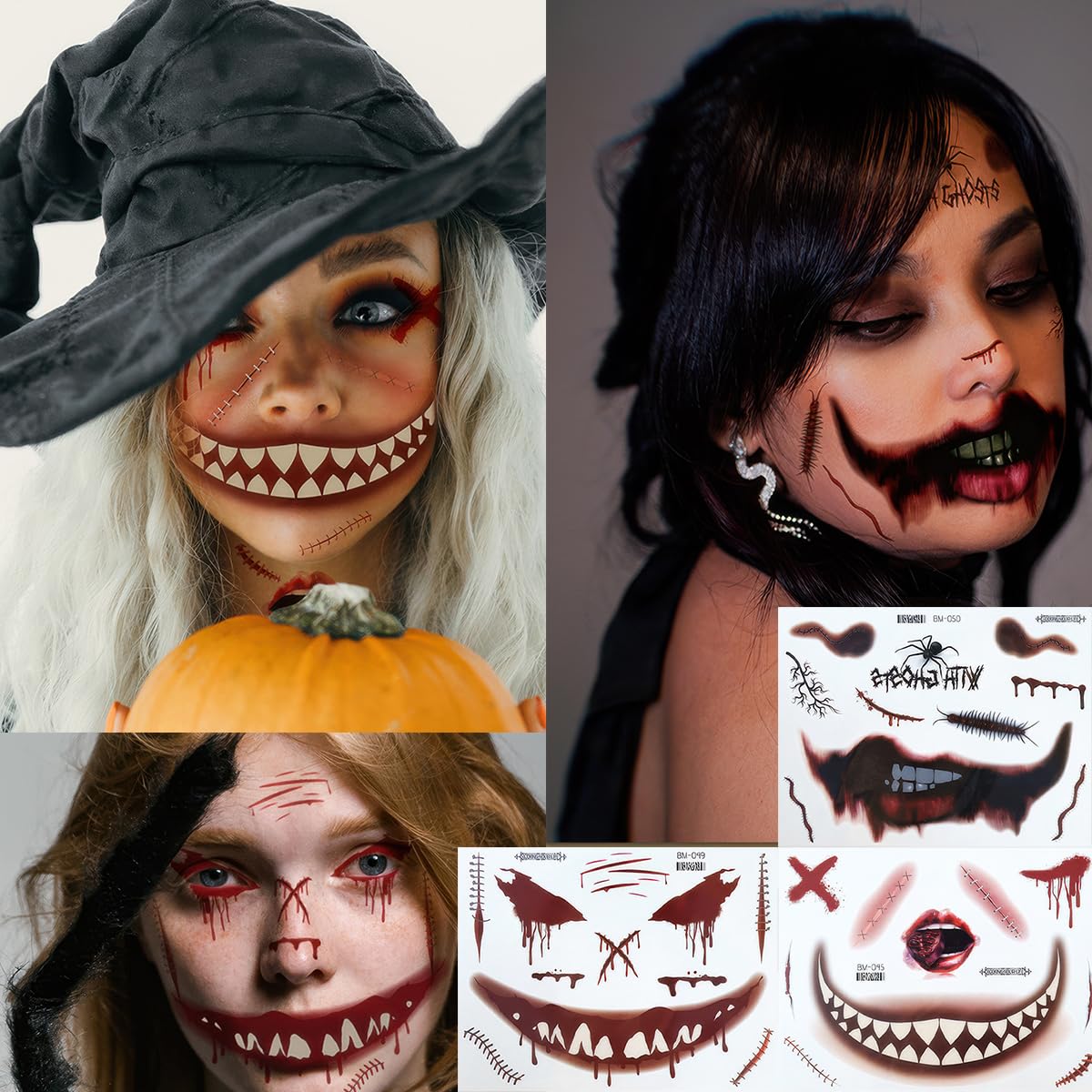 9 Sheets Halloween Scary Face Tattoos Stickers Fake Scars Stitches Bloody Mouth Prank Zombie Clown Makeup Temporary Tattoo Decals for Women Men Halloween Cosplay Party