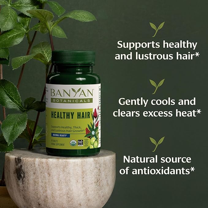 Banyan Botanicals Healthy Hair Tablets – Organic Hair Supplement with Amla & Bhringaraj – Ayurvedic Hair Care for Healthy, Thick & Lustrous Hair* – 90 Tablets – Non GMO Sustainably Sourced Vegan