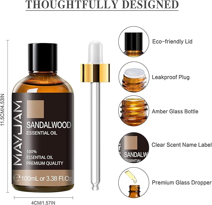 Sandalwood Essential Oil, 3.38FL.OZ Pure Essential Oils by MAYJAM, Large Volume Sandalwood Oil, Perfect for Aromatherapy Diffuser, Great for DIY Candle and Soap Making