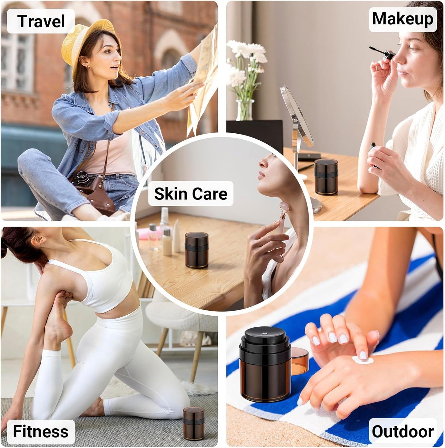 Segbeauty 1oz Refillable Small Airless Pump Jar Amber, 3pcs Empty Travel Size Cream Containers, Mini Vacuum Lotion Travel Bottles for Toiletries, 30ml Pump Dispenser Makeup Containers for Liquids