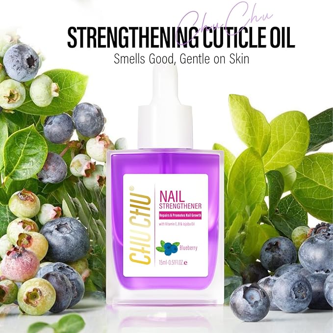 CHUCHU Nail Strengthener - Blueberry Scent Nail Repair Growth Moisturizing Treatment - Natural Jojoba Vitamin B & E Cuticle Oil for Dry Cracked Nails