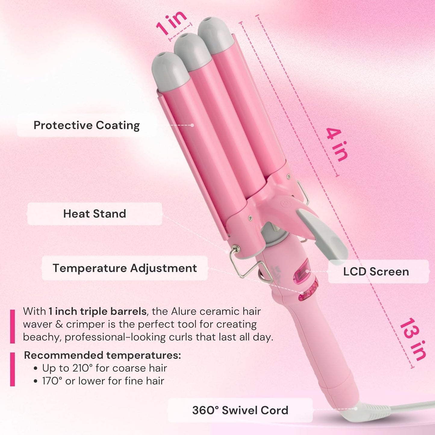 Alure Three Barrel Curling Iron Wand Hair Waver with LCD Temperature Display - 1 Inch Ceramic Tourmaline Triple Barrels, Dual Voltage Crimp (White/Pink)