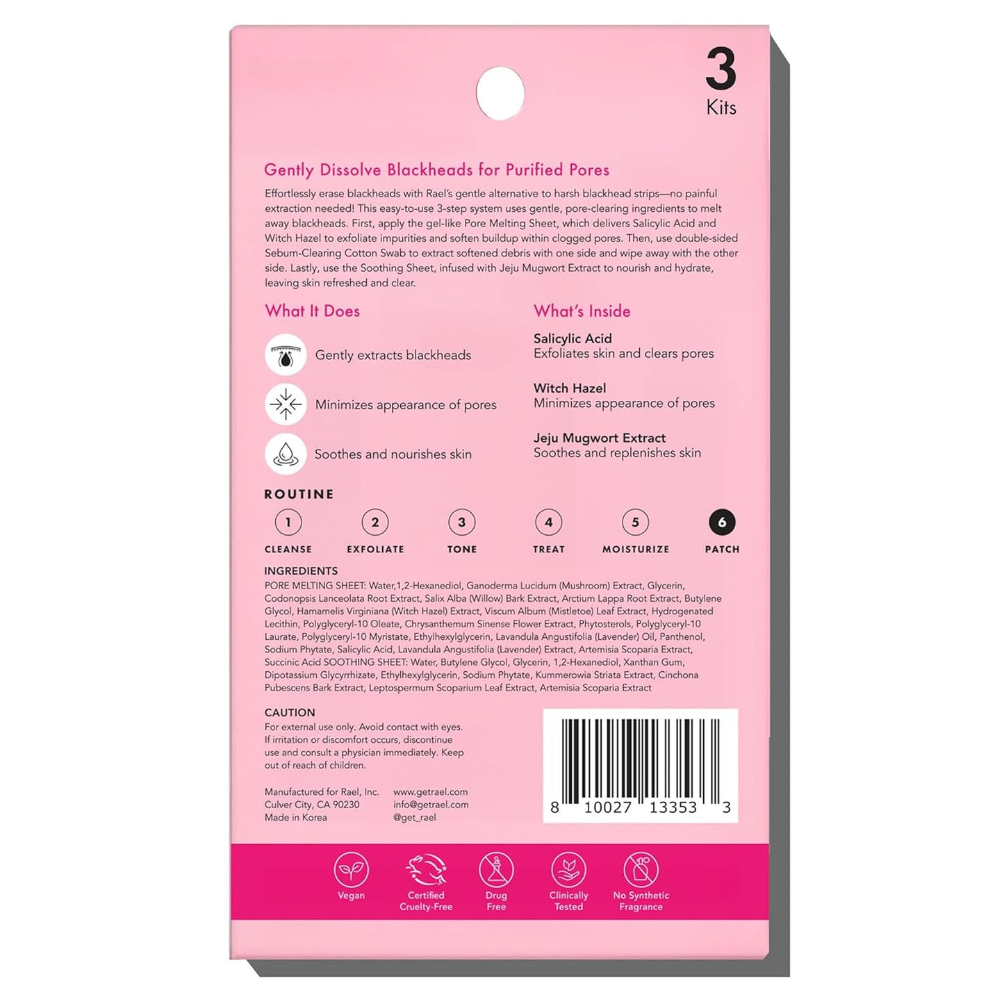 Rael Blackhead Remover, Miracle Patch Melting Pack, Nose Strips for Blackheads, Pore Cleansing and Soothing Sheets, 3 Step Kit, Sebum Removing Cotton Swabs